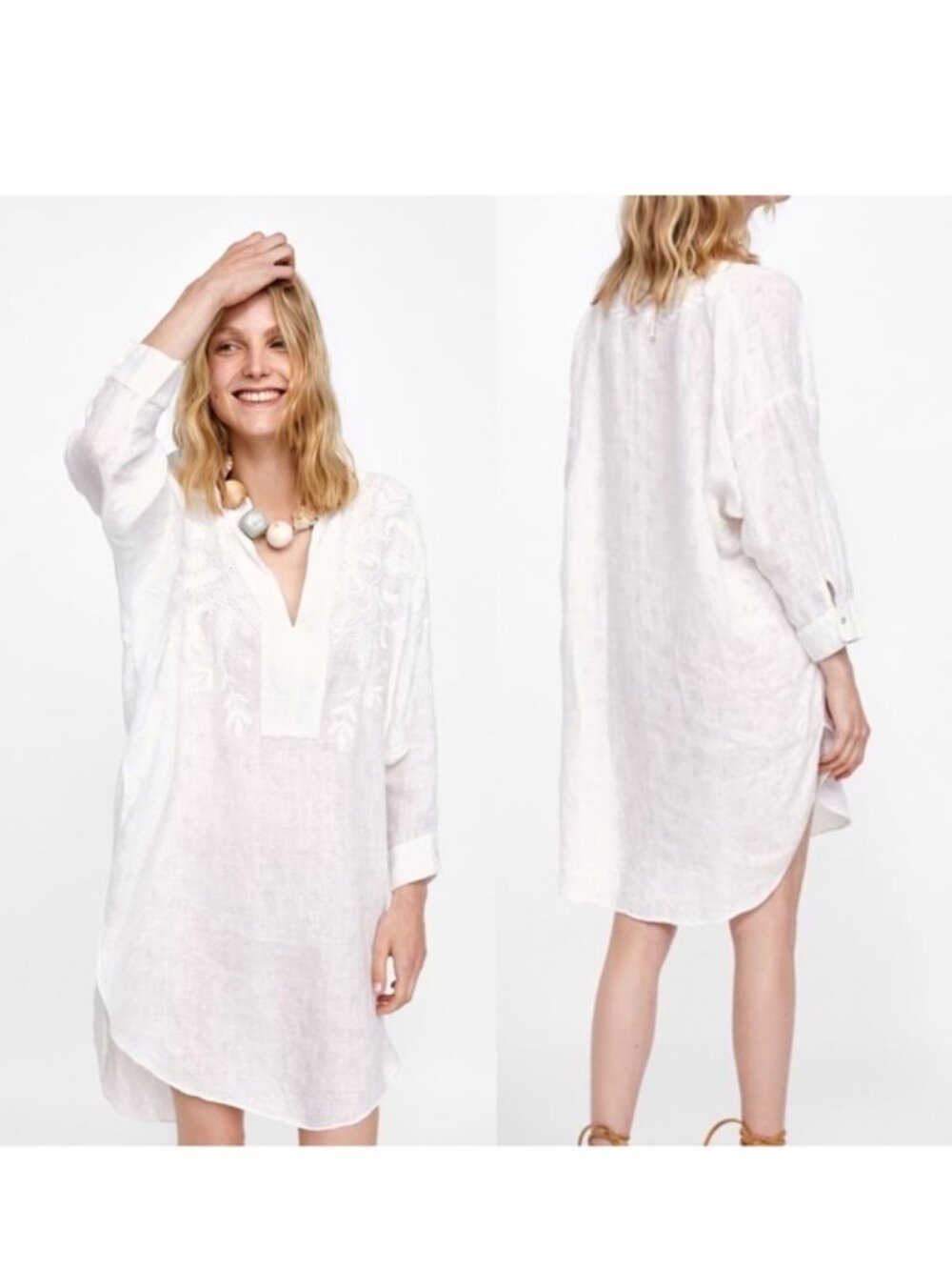 Zara Woman | White Linen Jacquard Embroidered Tunic Top | Size Medium